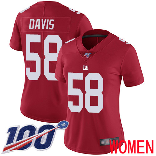 Women New York Giants #58 Tae Davis Red Limited Red Inverted Legend 100th Season Football NFL Jersey